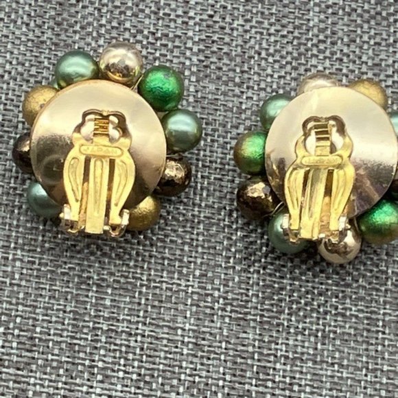 Clip On Earrings Cluster Japan Gold Brown Blue Green Pearl Textured Granny - Picture 3 of 5